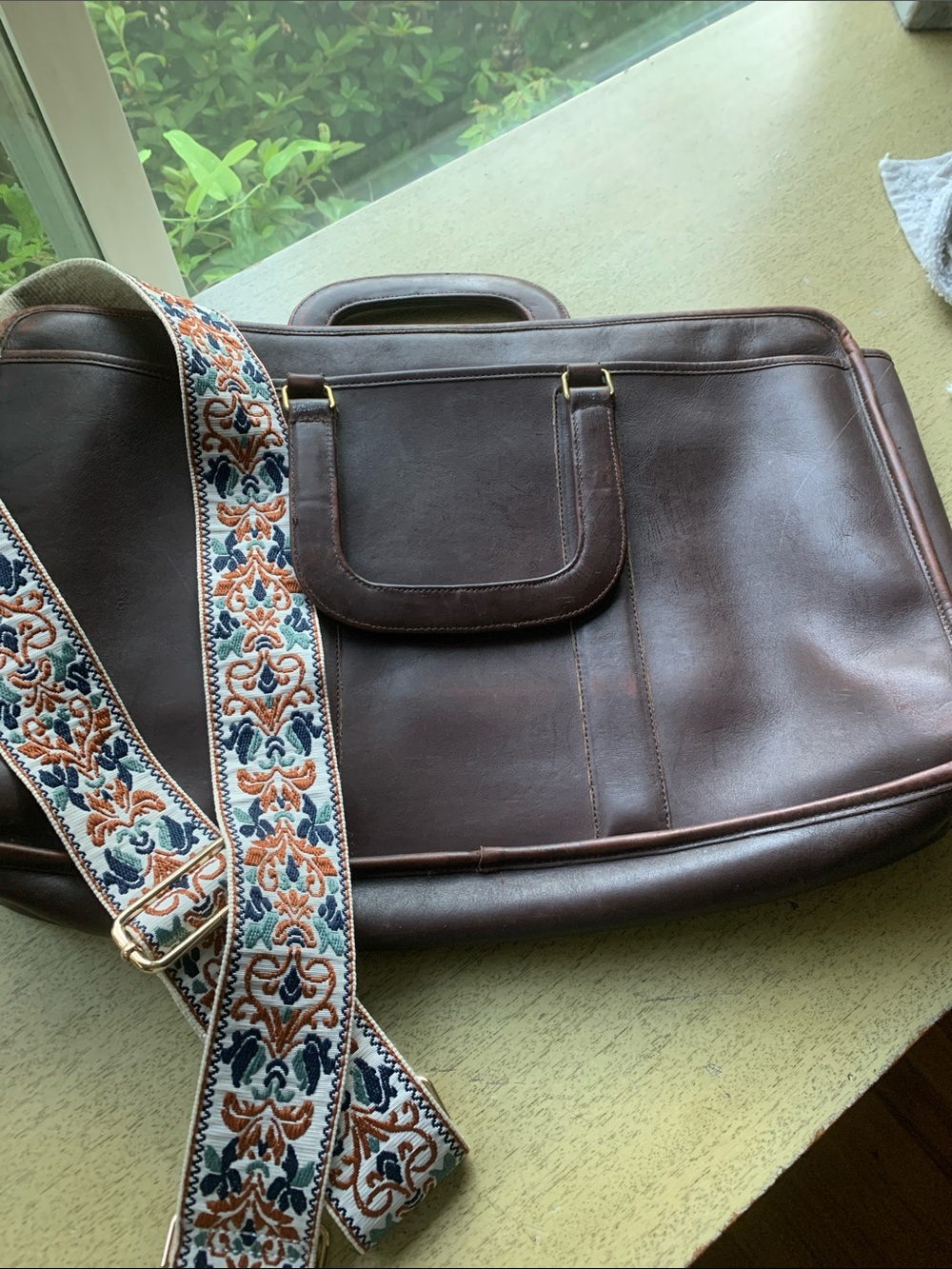 Coach Brown Leather Laptop Bag with Patterned Embroidered Strap